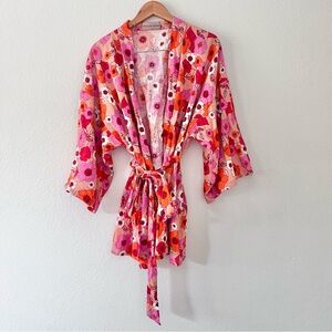 Coco De Chom Orange Pink Floral Linen Robe Kaftan